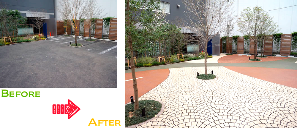 商用施設の駐車場、アプローチが綺麗に生まれ変わりました。マットスプレーは「植栽」との相性が良いため、組み合わせることでステキな空間を作り出すことが出来ます。